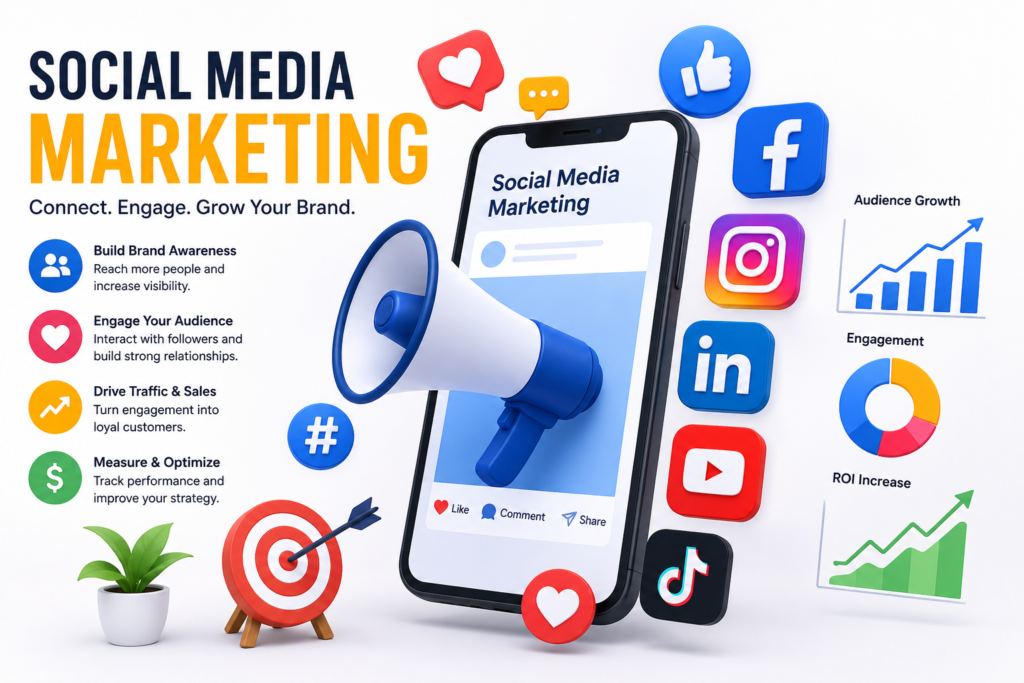 Digital marketer managing social media marketing campaigns across multiple social platforms.