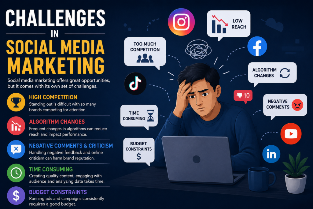 Illustration showing common challenges in social media marketing such as content creation, audience growth, and ROI measurement.